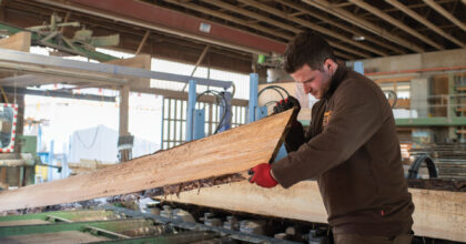 Ein Mann begutachtet ein rohes Holzbrett.